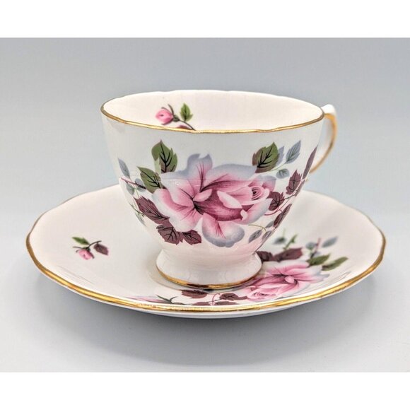 Royal Vale Large Pink Rose With Purple Leaf China Tea Cup and Saucer, England - Picture 1 of 7